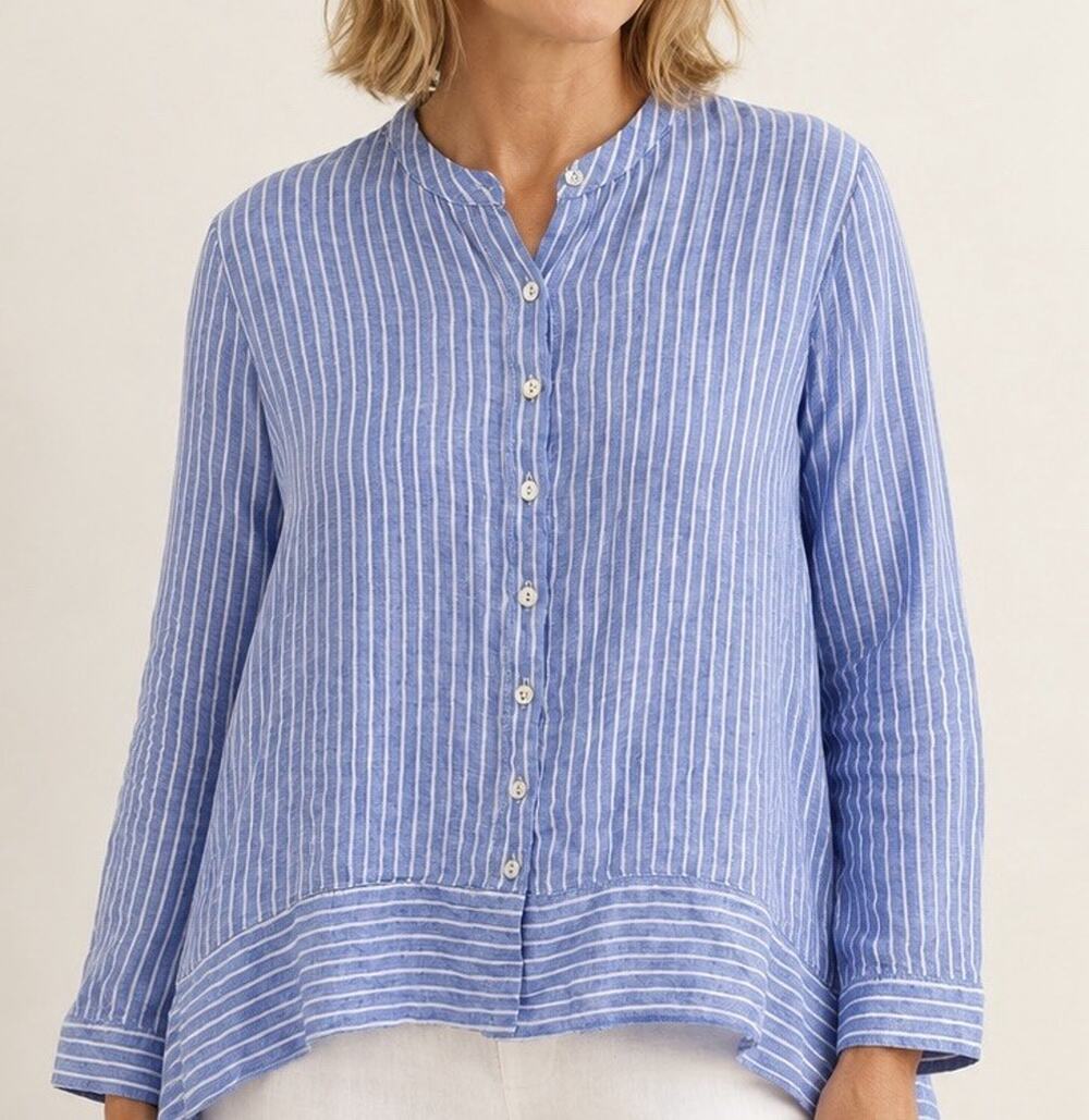 FOIL Linen Tunic Top US 4 Blue Striped High Low Mandarin Minimalist Lagenlook